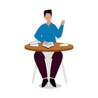 Faceless Young Man Reading Book At Desk Against White Background. vector