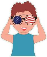 Happy Little Boy Wearing American Flag Glasses And Hands On Head Sticker Vector. vector