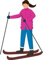 Portrait Of Faceless Young Woman Skiing On White Background. vector