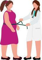 Faceless Female Doctor Measuring To Patient Waist With Tape Against White Background. vector
