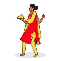 Young Indian Woman Holding Plate Of Dry Color  In Standing Pose. vector