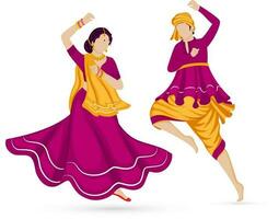 Faceless Indian Couple Playing Dandiya In Traditional Attire On White Background. vector