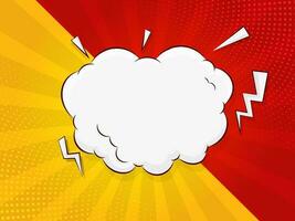 Empty Comic Cloud Frame With Lightning Bolts On Red And Yellow Rays Dotted Background. vector