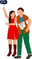 Faceless Young Couple Holding Their Placards Of 2023 Happy New Year Message In Standing Poses. vector