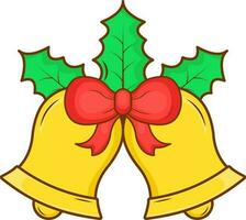 Illustration Of Decorative Jingle Bell With Holy Berry Leaves, Bow Ribbon In Flat Style. vector