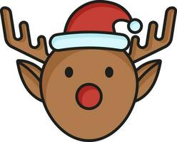 Christmas Reindeer Wearing Santa Cap Face Icon In Flat Style. vector