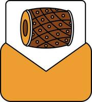 Orange And Brown Indian Musical Dhol Symbol Invitation Card With Envelope Icon. vector