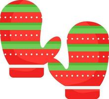 Stripy Winter Gloves Icon In Red And Green Color. vector