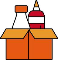 salsa y Leche botella caja de cartón caja naranja y blanco icono en plano estilo. vector