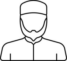 Bearded Man Wearing Arabic Dress With Kufi Hat Black Line Art Icon. vector