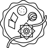 Indian Ritual Decorated Worship Plate With Floral Rakhi For Raksha Bandhan Black Outline Icon. vector