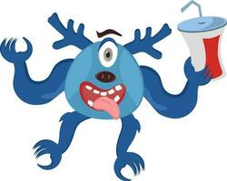 Tongue Out Cartoon Monster Holding Soft Drink Glass Blue Icon. vector