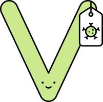 Smile V Alphabet Cartoon With Virus Words Tag Icon In Green Color. vector