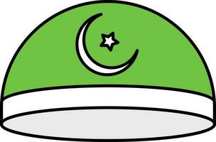 Crescent Moon With Star Symbol Kufi Hat Flat Icon In Green And White Color. vector