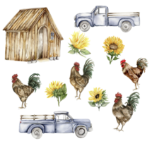 Watercolor wooden farmhouse. sunflowers, truck and cock. Hand drawn illustration of a farm. png