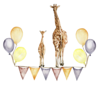 Watercolor hand painted  giraffe with balloons. png