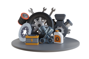 car tools, equipment and accessories. Set of automobile accessory. spare parts car. 3d illustration png