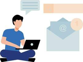 Boy checking mail on laptop. vector