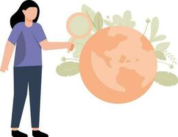 Girl standing next to green globe holding magnifier. vector