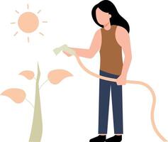 The girl is watering the plants. vector