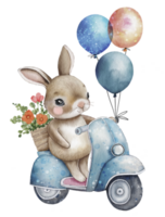 schattig tekenfilm konijn Aan een scooter met ballonnen en bloemen, waterverf illustratie. png