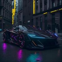 Futuristic Car in the night fall streets photo