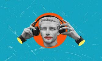 Art collage of digital pop contemporary art. Headphones in hand on a blue background. Listen to the podcast. photo