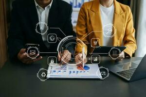 Co working process, team working.Coding software developer work with AR new design dashboard computer icons.team business concept photo