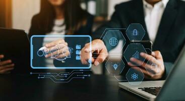 Man and woman using chat bot in smartphone intelligence Ai. Chat with AI Artificial Intelligence, developed by OpenAI generate. robot in online system. in modern office photo
