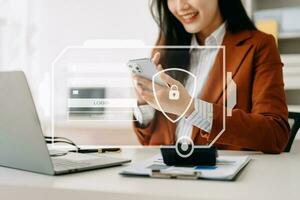 Cyber security concept, Login, User, identification information security and encryption, secure access to user's personal information woman using smart phone and tablet photo