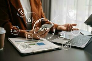 SASE Secure Access Service Edge concept Hand touching Secure Access Service Edge icon on virtual screen background, password, network, framework and support technology photo