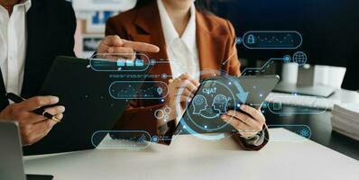Woman and Man using chat bot in smartphone intelligence Ai. Chat with AI Artificial Intelligence, developed by OpenAI generate. robot in online system. in office photo