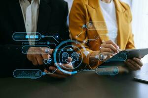 Woman and MAn using chat bot in smartphone intelligence Ai. Chat with AI Artificial Intelligence, developed by OpenAI generate. robot in online system. in office photo