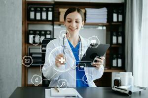 health care business graph data and growth, Medical examination and doctor analyzing medical report network connection on tablet screen. photo