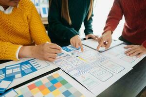 UX graphic designer planning application process development prototype wireframe for web smart phone. Creative digital development agency. photo