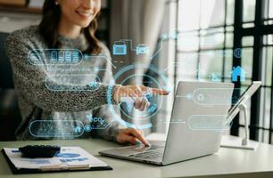 Business working with reduce CO2 concept with icons, global warming such as reforest green factory recycle and zero carbon dioxide emission concept. with VR icon at office photo
