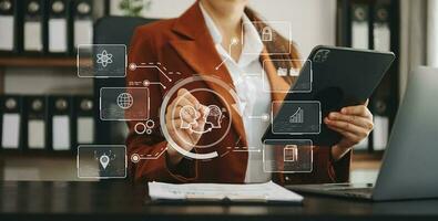 Man using chat bot in smartphone intelligence Ai. Chat with AI Artificial Intelligence, developed by OpenAI generate. robot in online system. in modern office photo