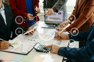 Working team meeting concept, business using laptop and smart phone and digital tablet computer with digital marketing media  in virtual icon network diagram office photo
