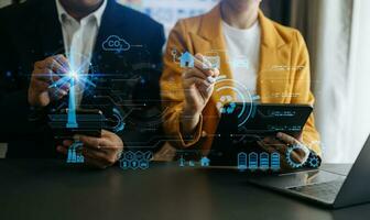 Business team working virtual modern smartphone to reduce CO2 emissions carbon footprint climate change to limit global warming.Sustainable development and green business concept. photo