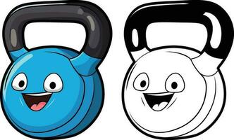 Happy cartoon kettlebell vector illustration, kettle bell, cannonball with a handle vector image, icon symbol in colors and black and white line drawing stock image