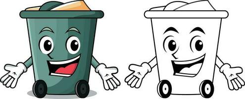 Happy Garbage bin mascot character vector image, dustbin , trash barrel , wastebin with a happy face cartoon vector image, colored and black and white line drawing stock illustration