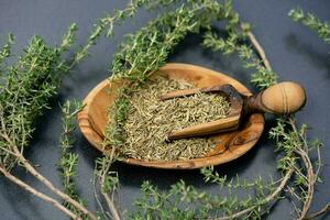 dried and fresh Thymus vulgaris delicious kitchen herbs photo