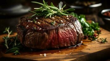Grilled beef steak with herbs and spices on a wooden board. photo