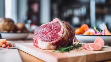 Raw beef meat on cutting board with vegetables on wooden table in kitchen. . photo