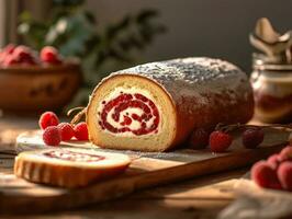 Sponge Swiss roll with fresh fruits. Generaive AI photo