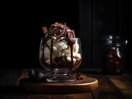 sabroso frío chocolate y vainilla hielo crema helado con frutas y nueces. generativo ai foto