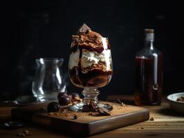 Tasty cold chocolate and vanilla ice cream sundae. photo