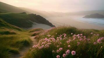Shoreline covered in pink flowers by the sea. Generaitve AI photo