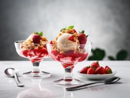 Ice cream sundae with strawberry sauce on white table. photo