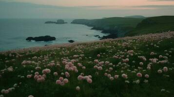 Shoreline covered in pink flowers by the sea. Generaitve AI photo